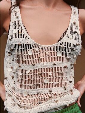 Zara Cream Open-Knit Shell Beaded Tank Top